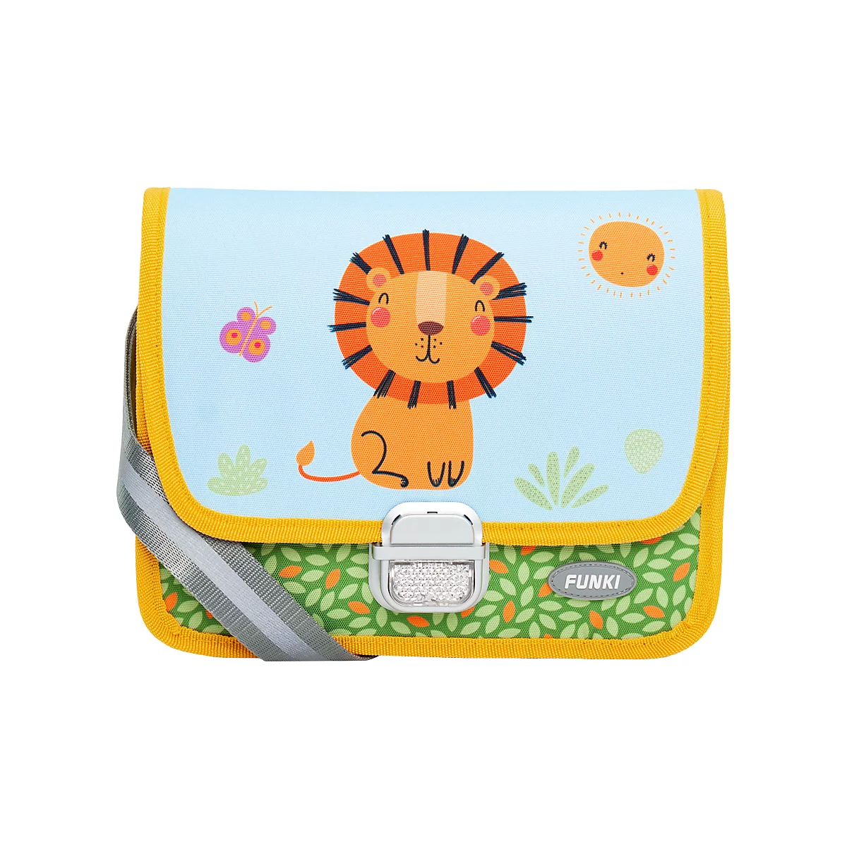 Sac d'enfant bleu clair avec un motif de lion, bordure jaune et fermoir argenté. Imprimé avec un soleil, un papillon et des plantes. Avec l'inscription "FUNKI".