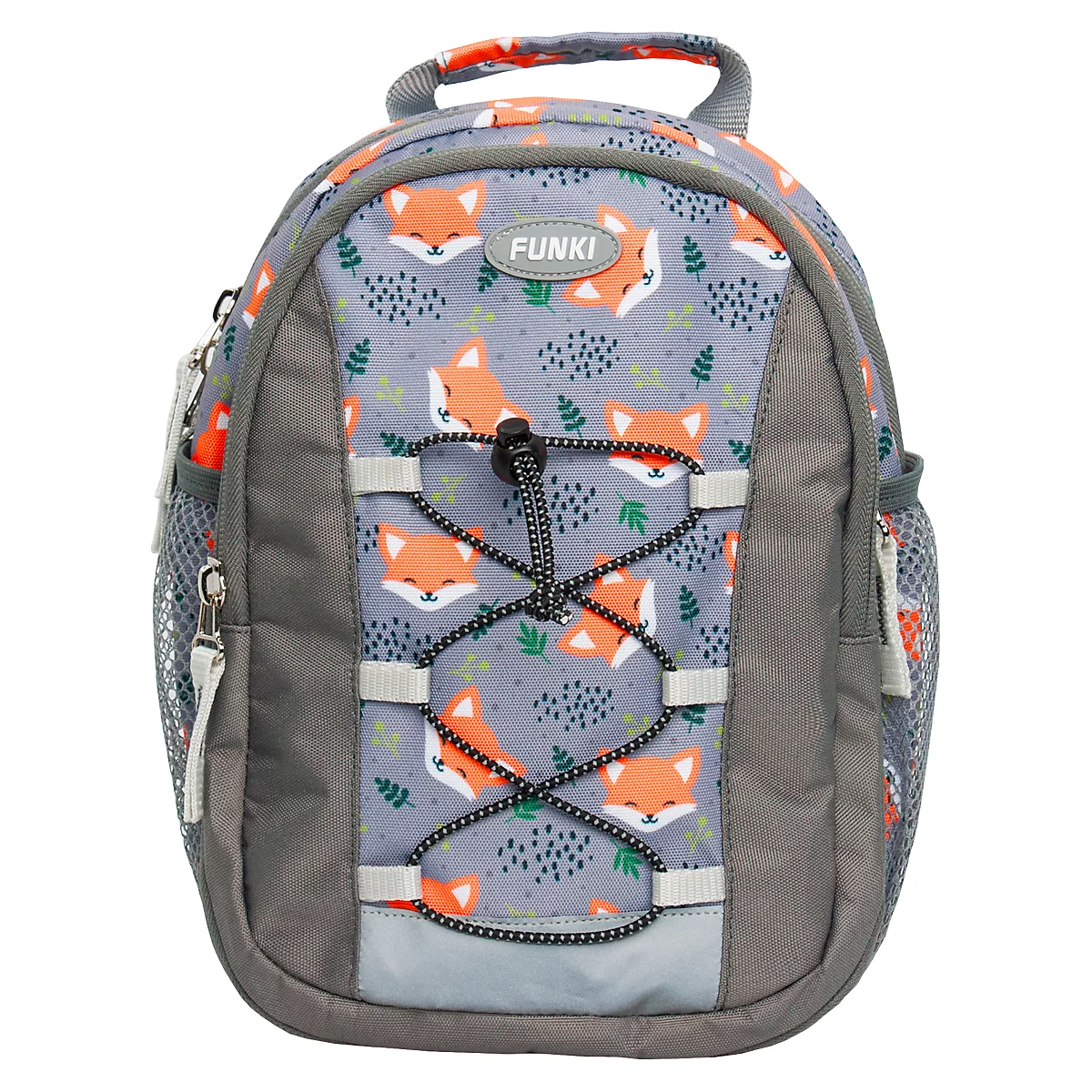 Sac à dos gris avec motif renard. Devant avec cordon élastique, logo FUNKI et réflecteur. Poches latérales en filet.