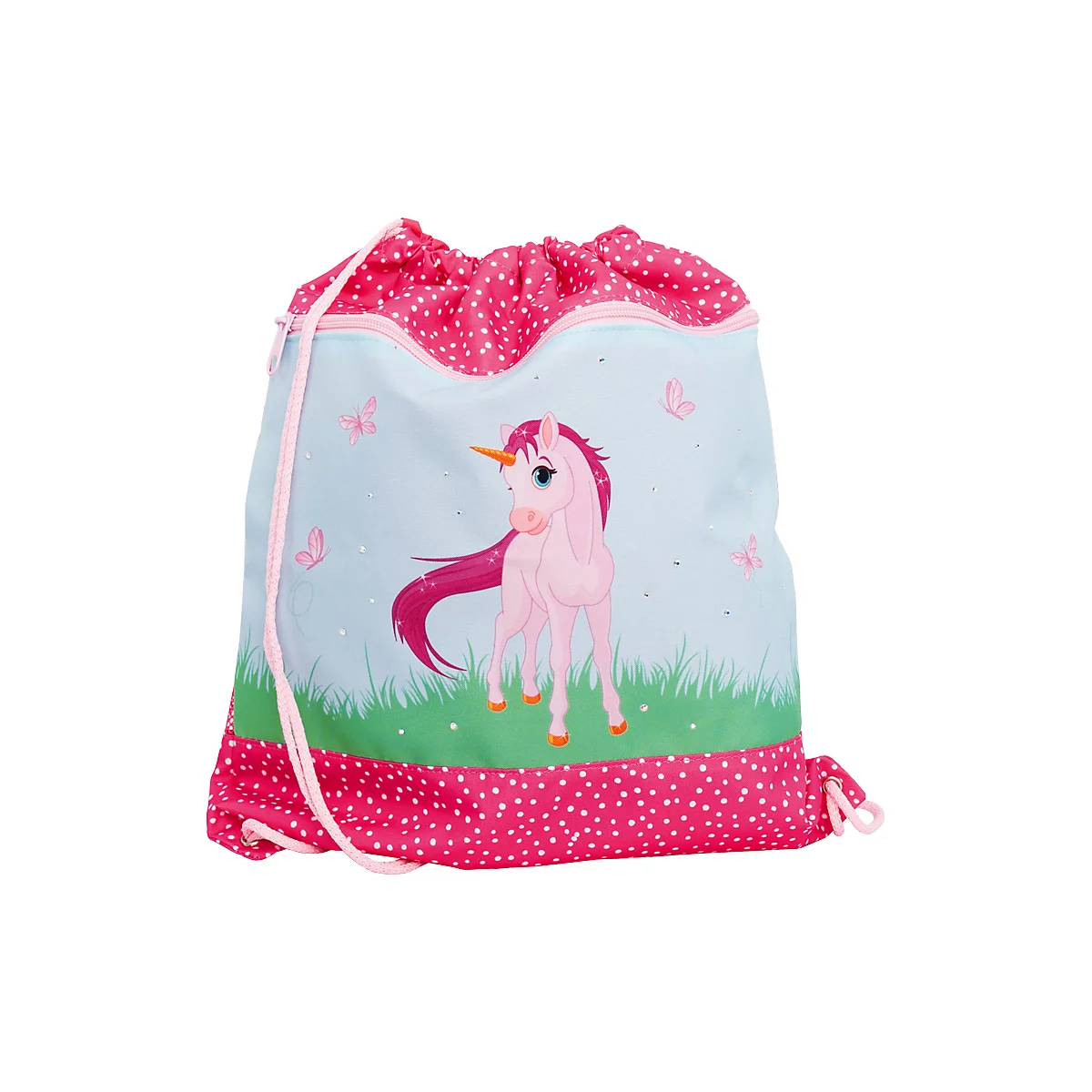 Sac de sport rose pour filles avec motif licorne, fond bleu et pois roses.