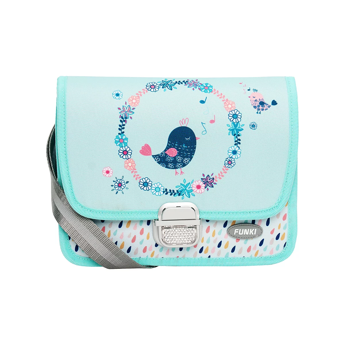 Sac à bandoulière bleu clair avec motif d'oiseau, décoré de fleurs. Fermoir argenté, bandoulière grise.