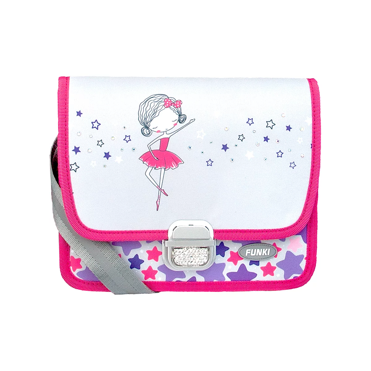 Cartable avec motif de ballet : Fond bleu clair, bordure rose, motif d'étoiles, danseuse, fermoir scintillant. Avec bandoulière.