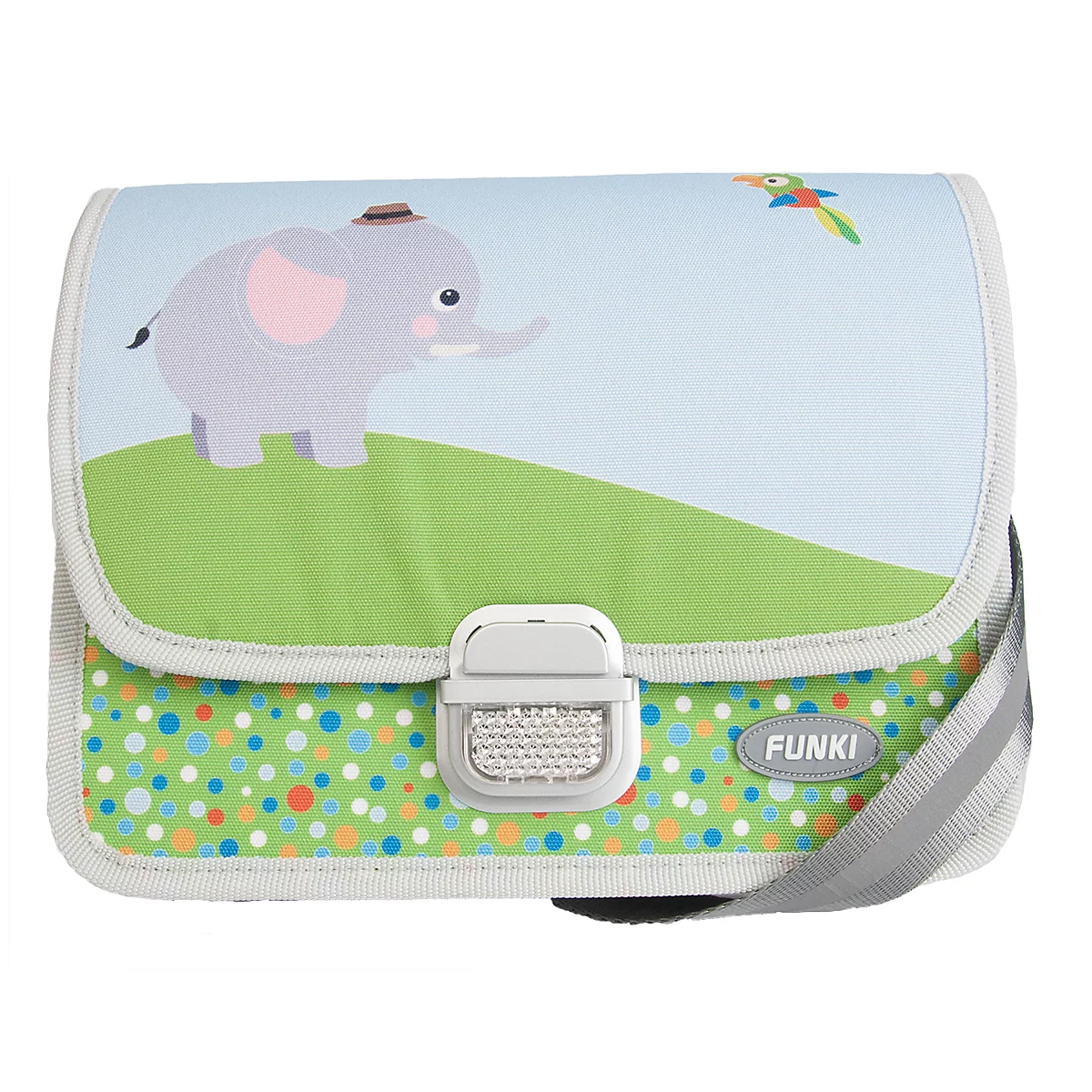 Cartable avec motif éléphant et perroquet. Bleu, vert, blanc et coloré. Fermoir argenté, avec bande réfléchissante.