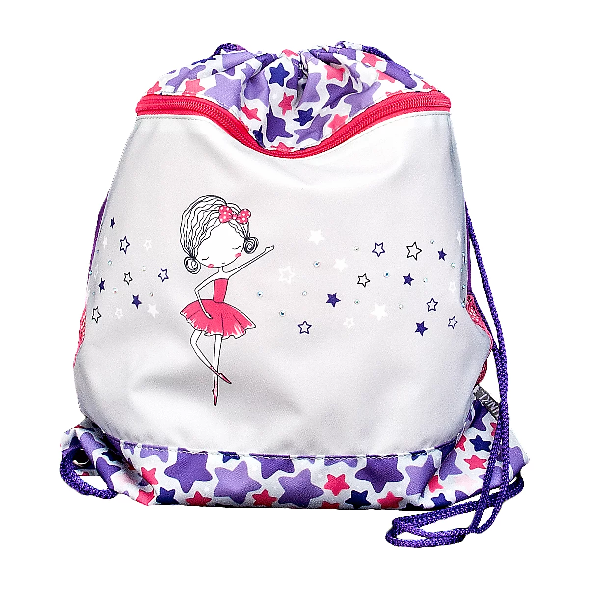 Sac de sport gris clair avec illustration de ballerine et étoiles. Le haut et le bas sont décorés de motifs d'étoiles.