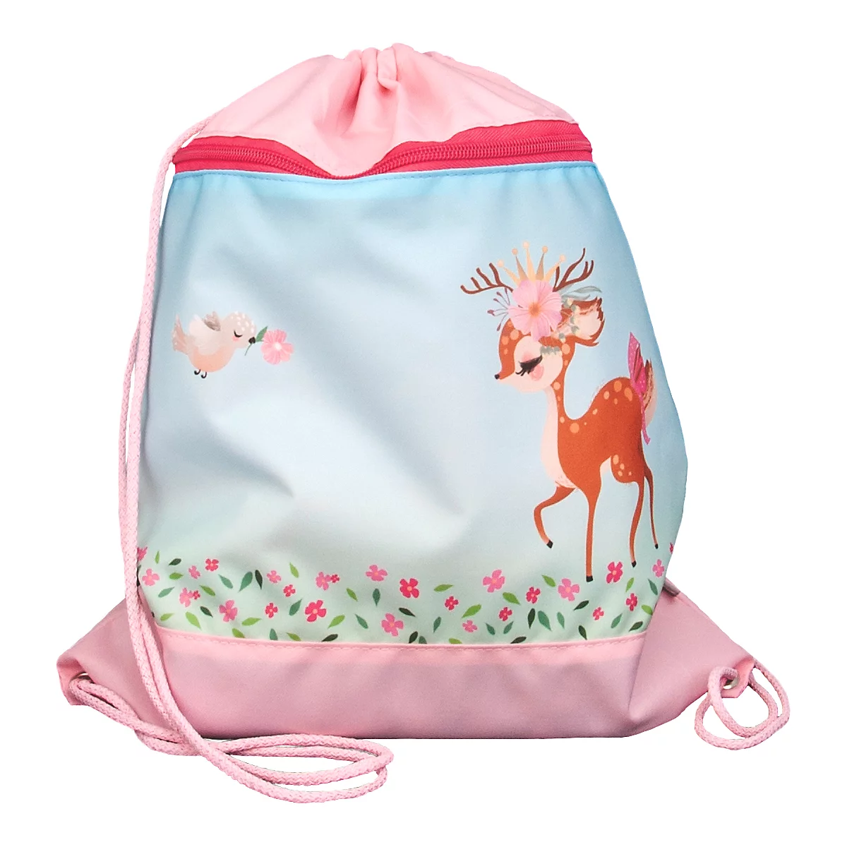 Sac de sport bleu clair et rose avec un cerf, un oiseau et des fleurs. La fermeture éclair est rose. Cordon rose.