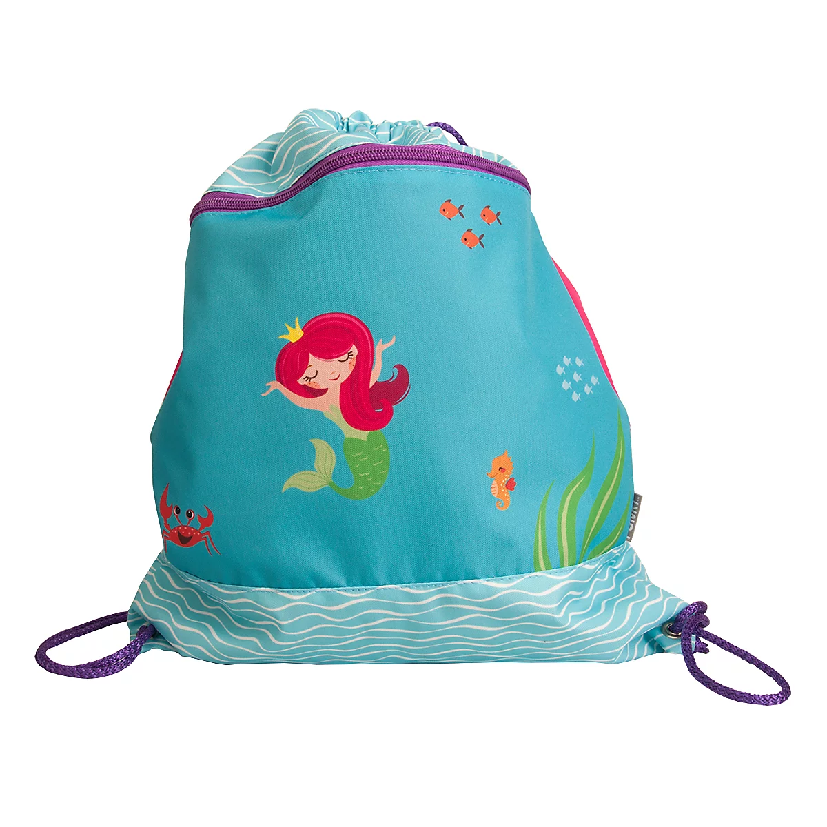 Sac à dos turquoise avec motif de sirène, cordon de serrage violet, détails: crabe, poissons, hippocampe, algues.
