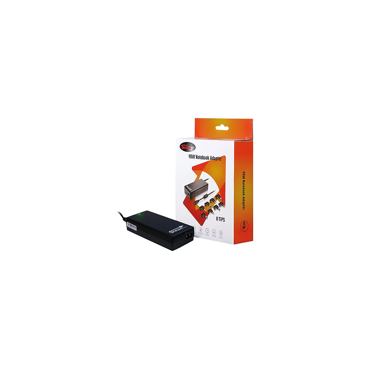 Ein schwarzes 90W Notebook Adapter Set, Netzteil und acht Adapter-AufsÃ¤tze in der Verpackung.