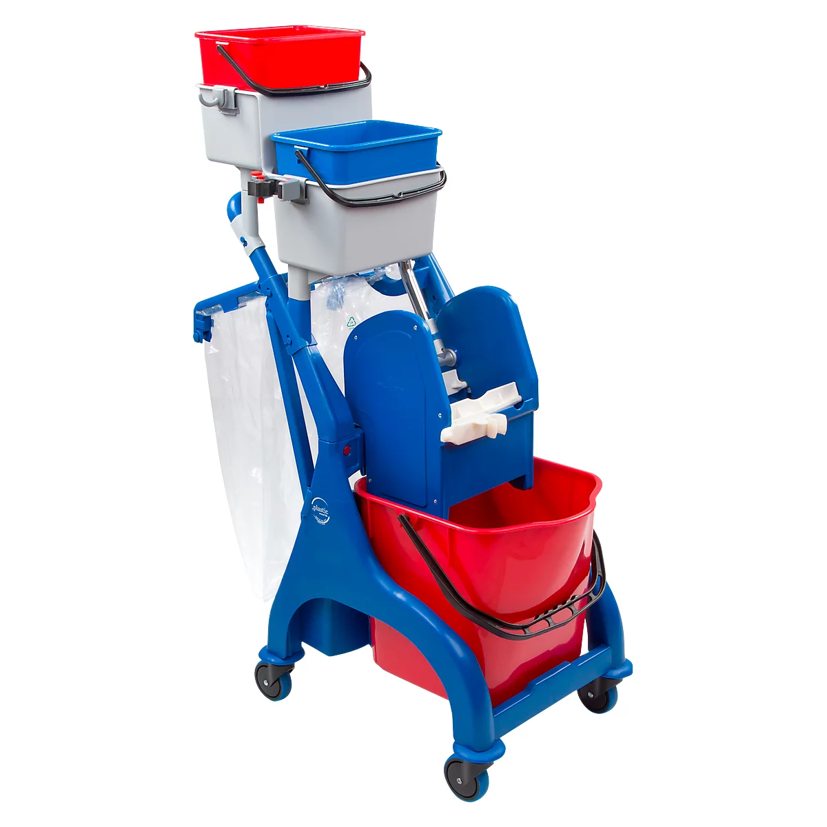 Blue and red cleaning cart with buckets, trash bag, and mop press.