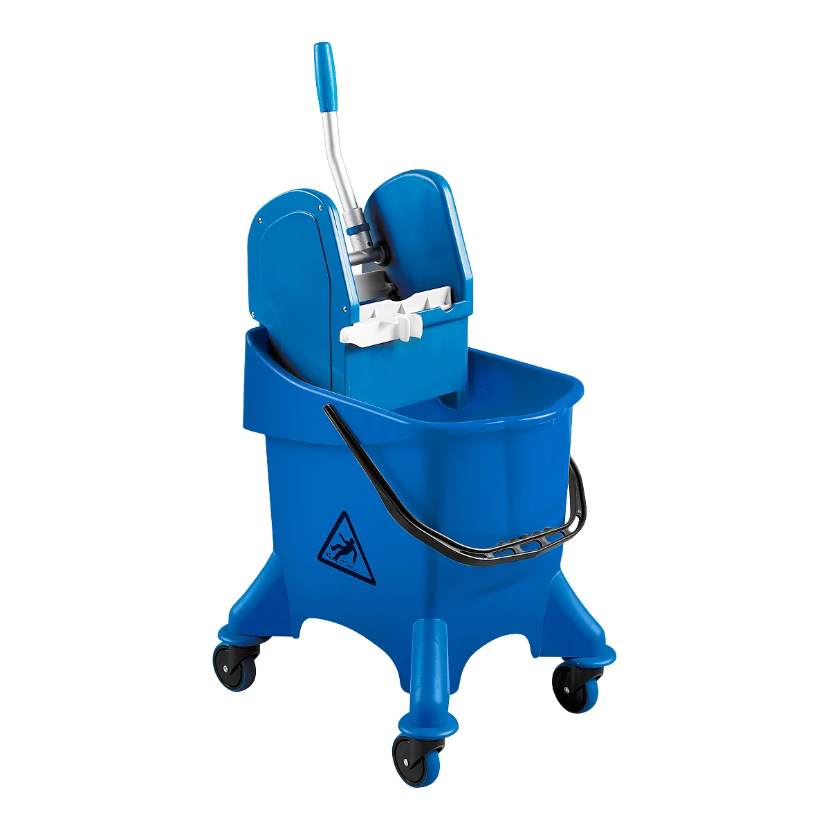Blue mop and bucket set with wheels. Includes a mop press. Black handle. Warning sign.