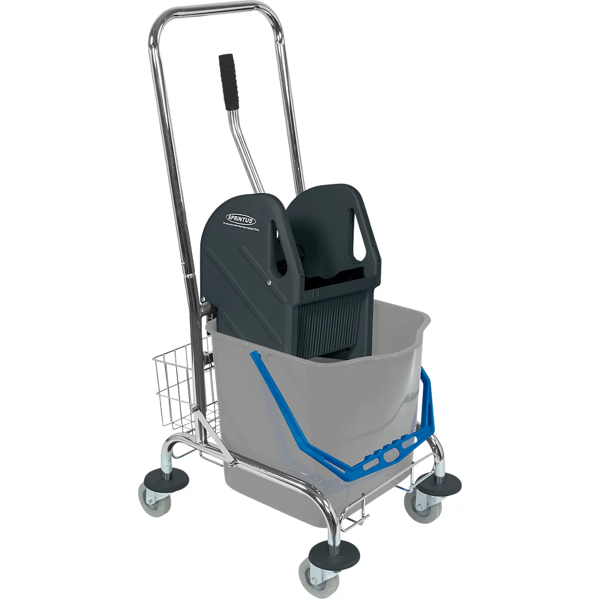 Gray cleaning cart with bucket, press, rollers and a blue handle.