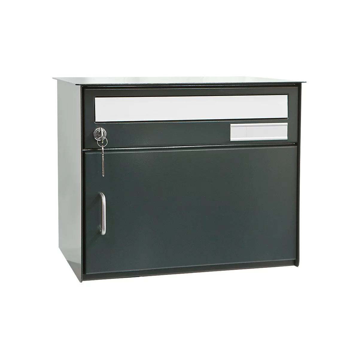 Dark green mailbox with door and key. Above the door is a white name plate.