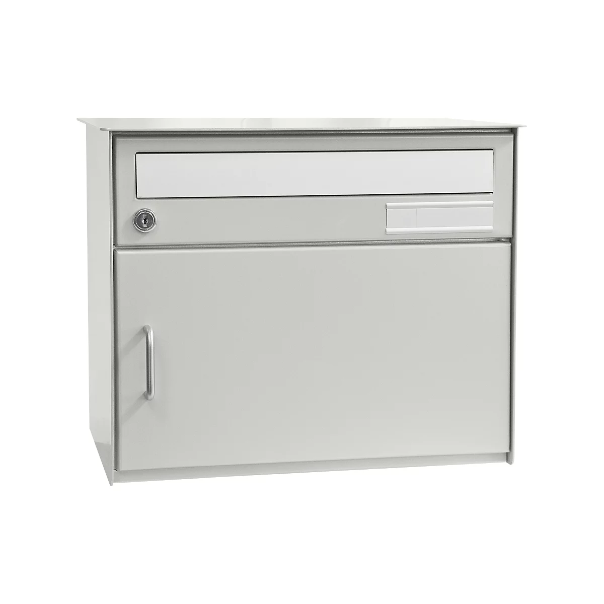 Light grey mailbox with slot, lock and door. A slot for letters at the top, a door with handle below.