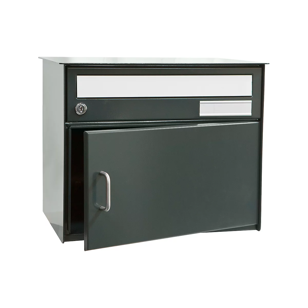Dark green rectangular mailbox with open door. Name plate and lock above the door. The handle is silver.