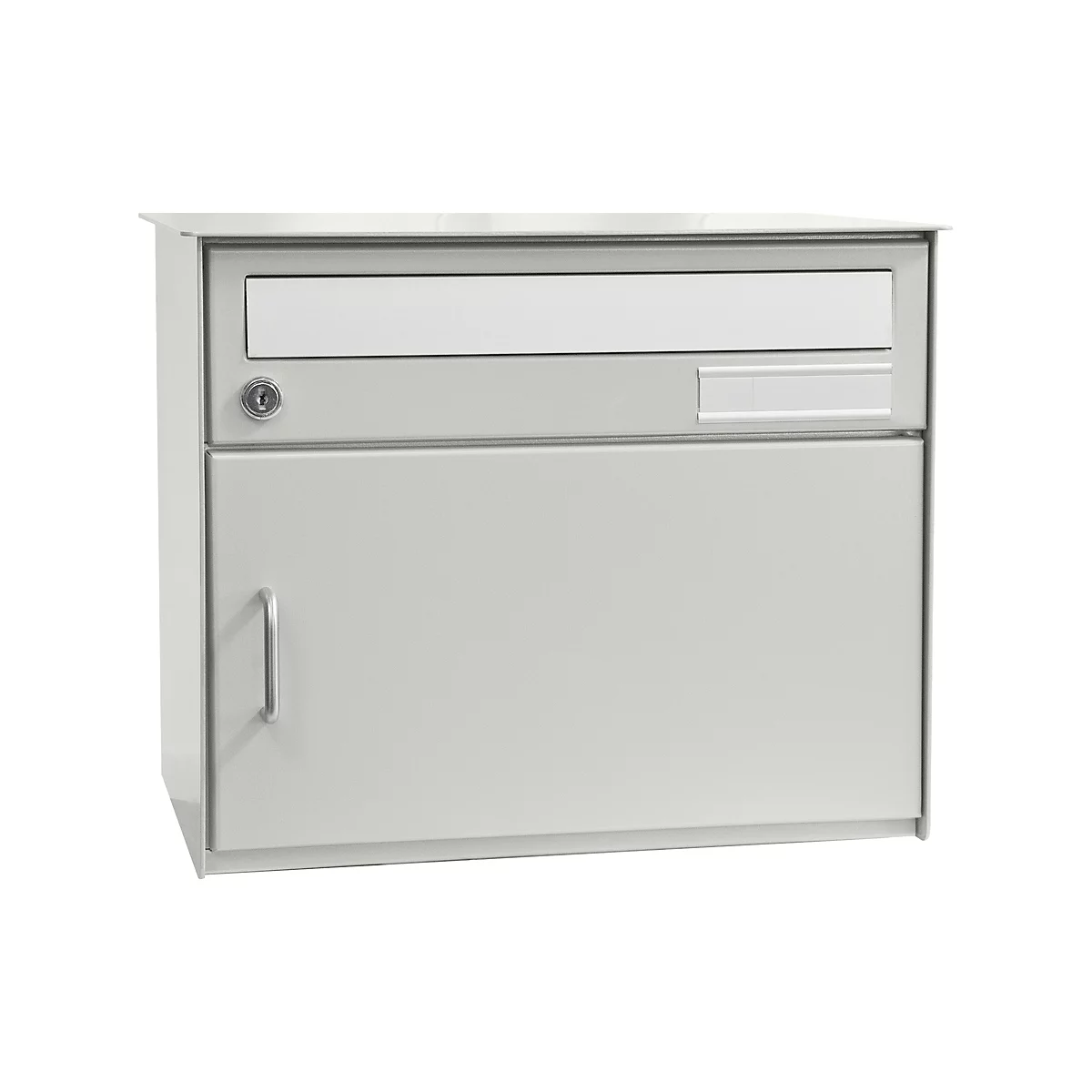 Grey, lockable mailbox with slot, nameplate, and door with handle.