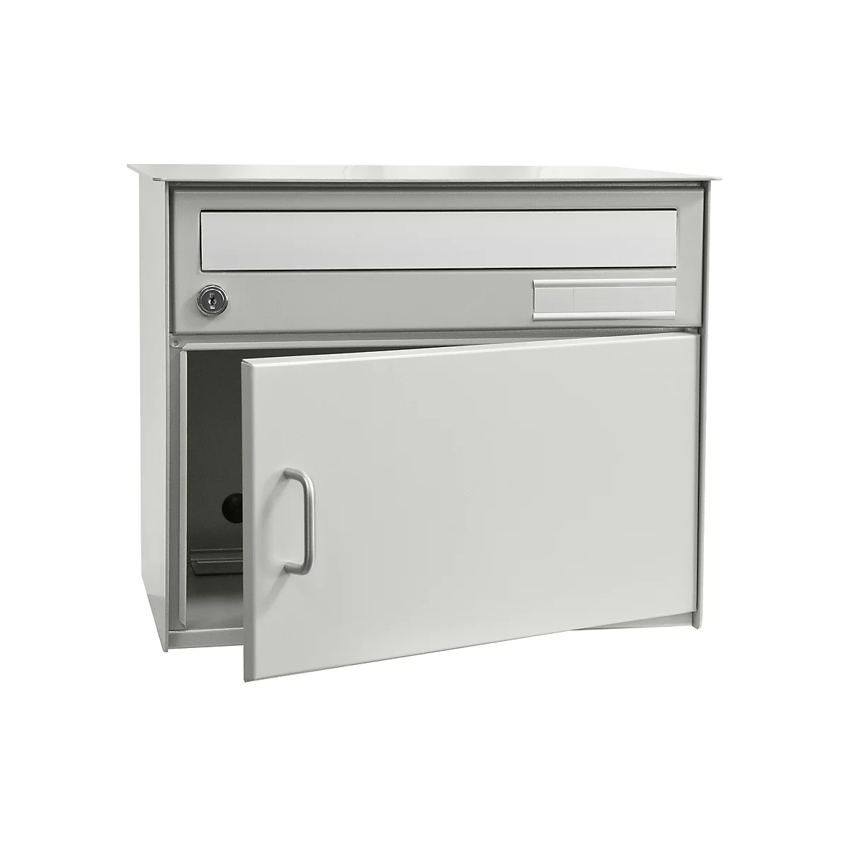 Grey mailbox with open door. Slot at the top, door below with handle. Key in lock.