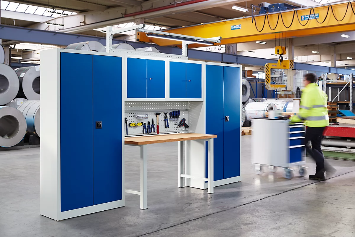 Sistema de armarios de taller Schäfer Shop Select, An. 3100 x Pr. 700 x Al. 2345 mm, tablero multiplex, gris claro RAL 7035/azul benigno RAL 5010