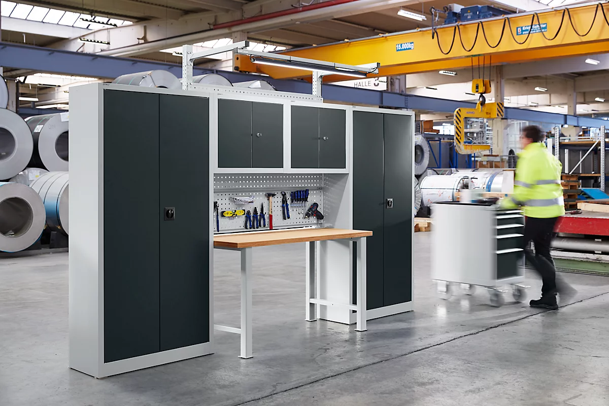 Sistema de armarios de taller Schäfer Shop Select, ancho 3100 x fondo 700 x alto 2345 mm, panel múltiplex, aluminio blanco RAL 9006/gris antracita RAL 7016