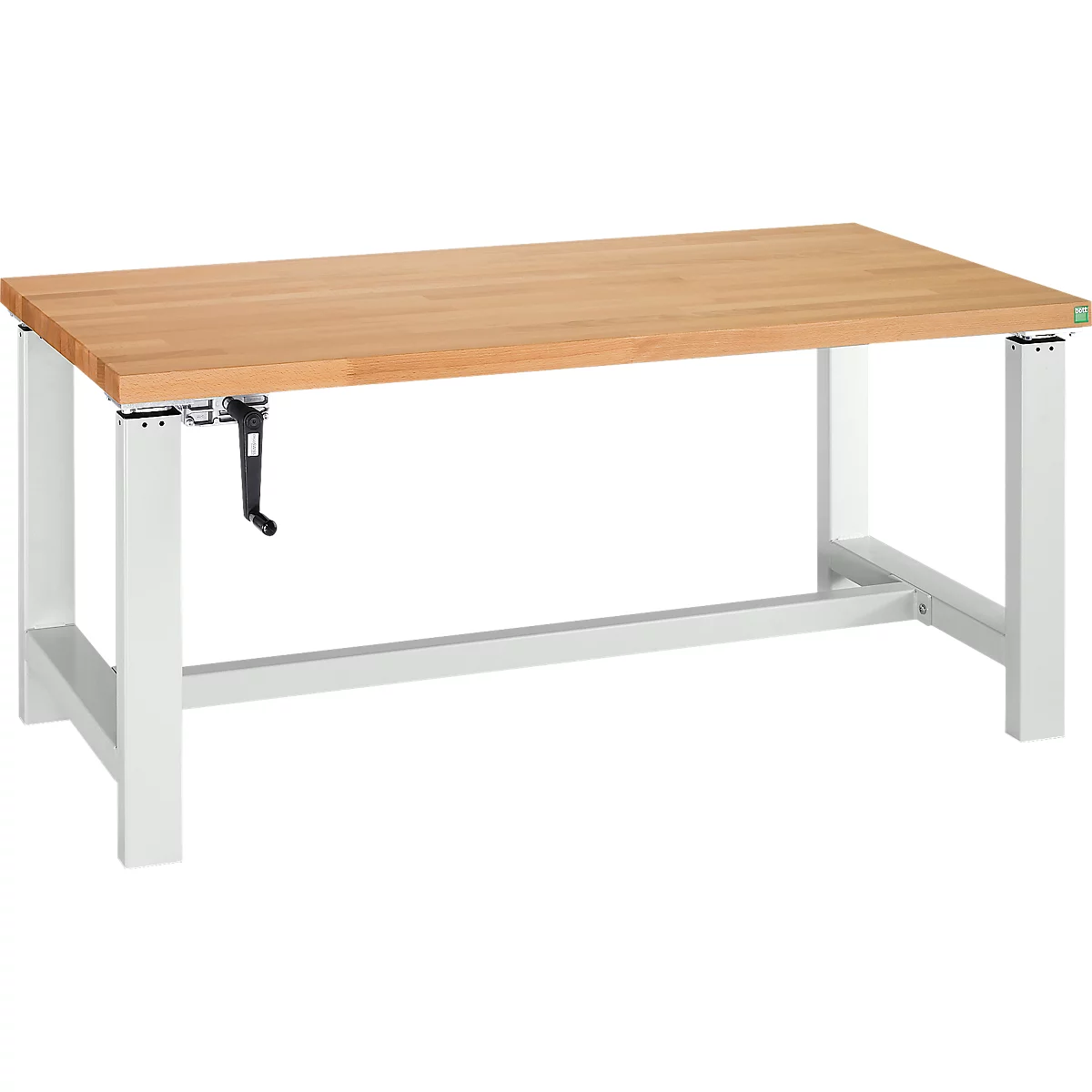 Banco de trabajo marrón claro con tapa de madera, estructura blanca y manivela. Vista detallada.