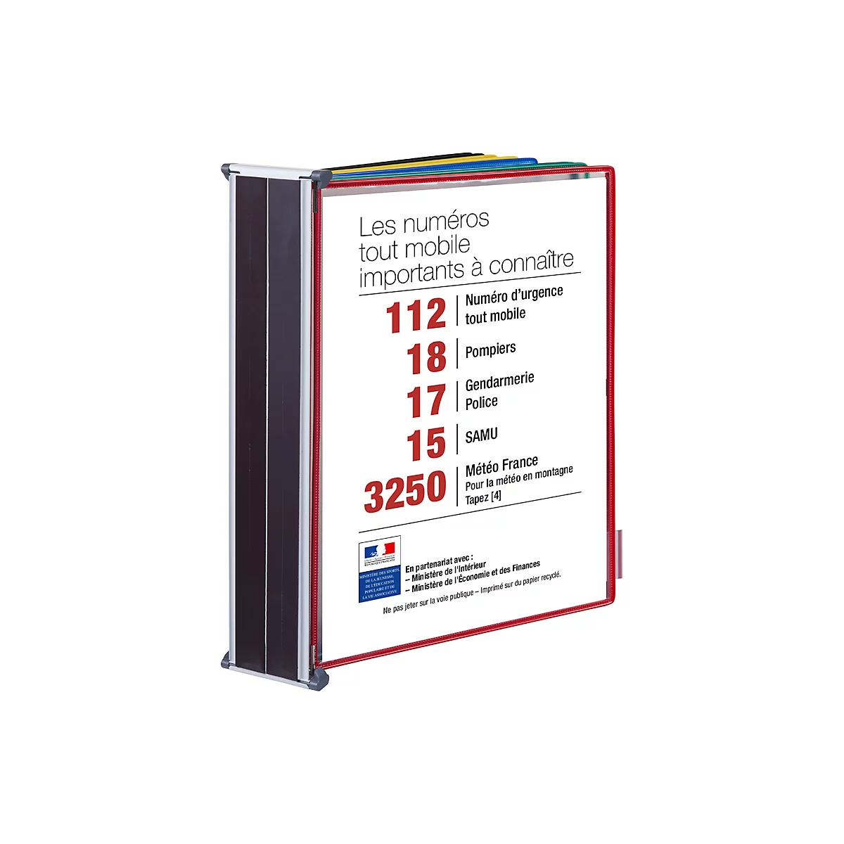 Un cartel con marco rojo que muestra números de emergencia: 112, 18, 17, 15 y 3250. Texto: Les numéros importants à connaître. Bandera francesa en la parte inferior.