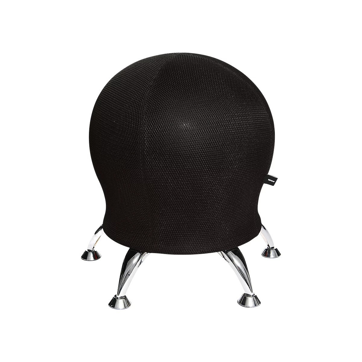 Black ball-shaped office chair with chrome legs. The chair has a mesh structure and stands on four legs.