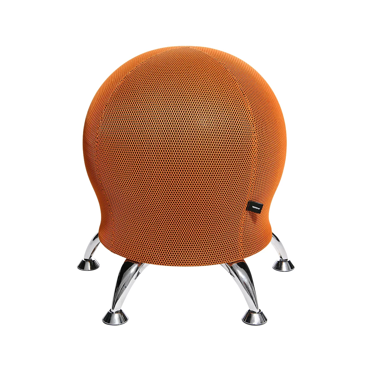 Orange ball chair with chrome legs. The seat has a honeycomb pattern and a small black label.