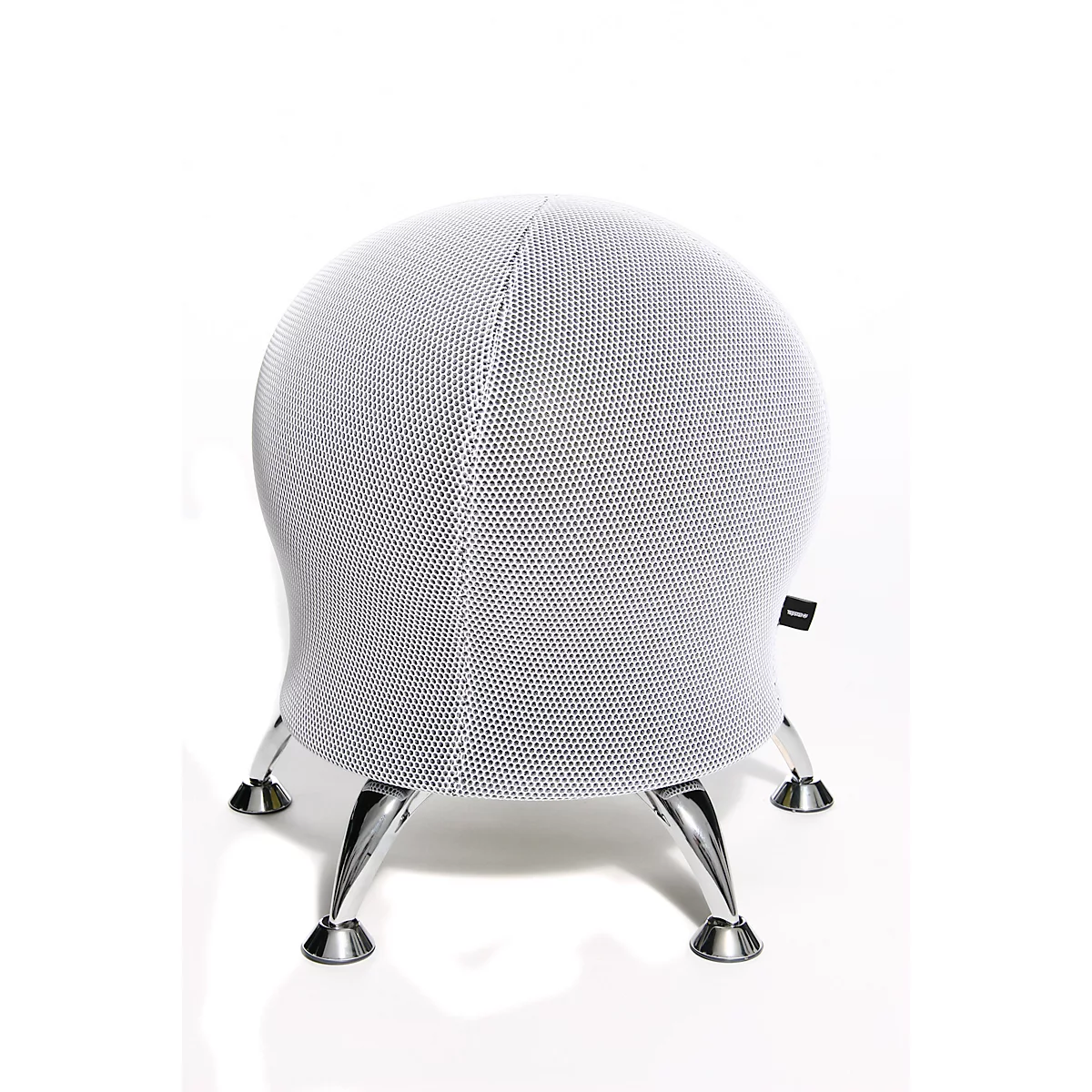 White, spherical stool with silver legs. It has a cover with a mesh structure.