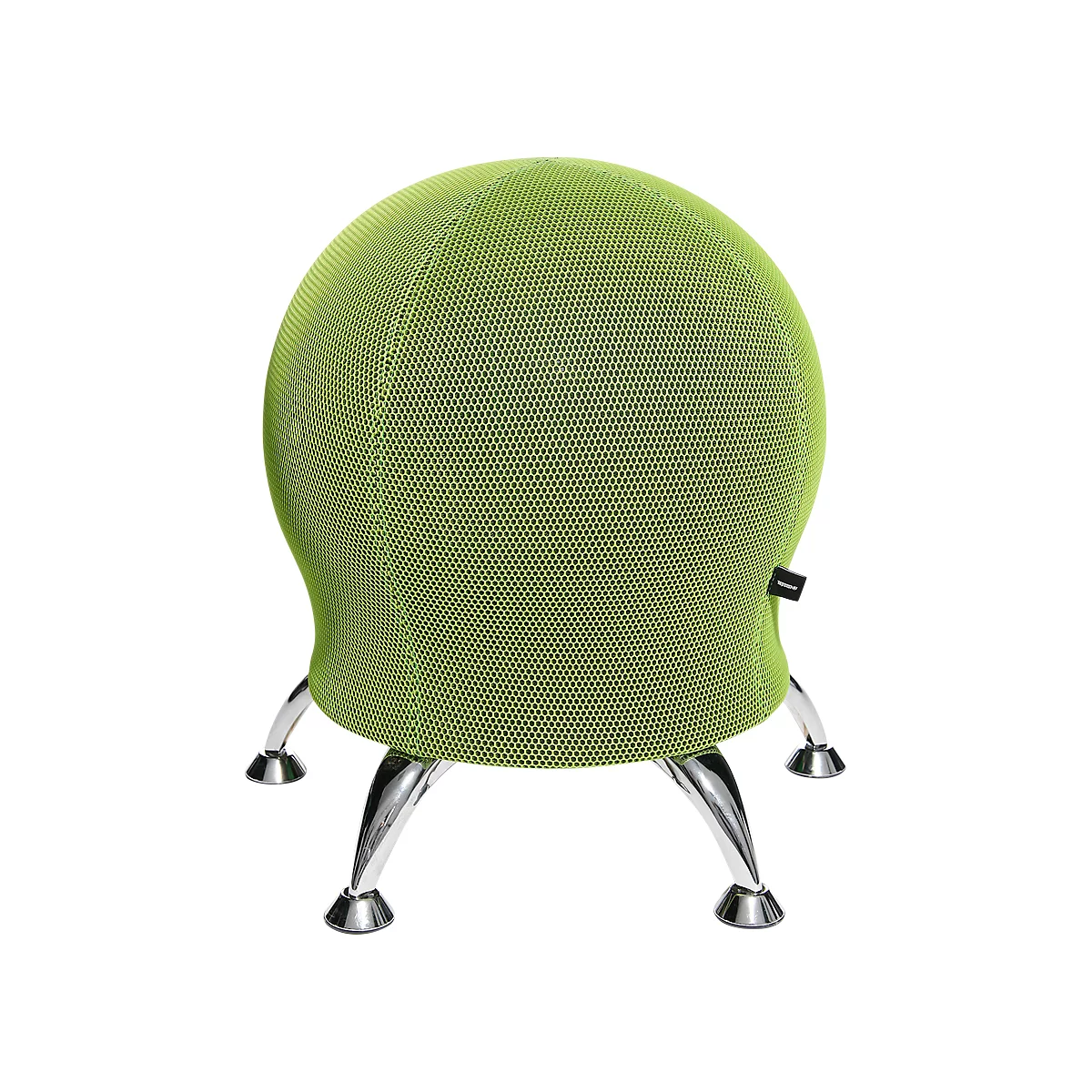 Light green, ball-shaped office chair with silver legs.