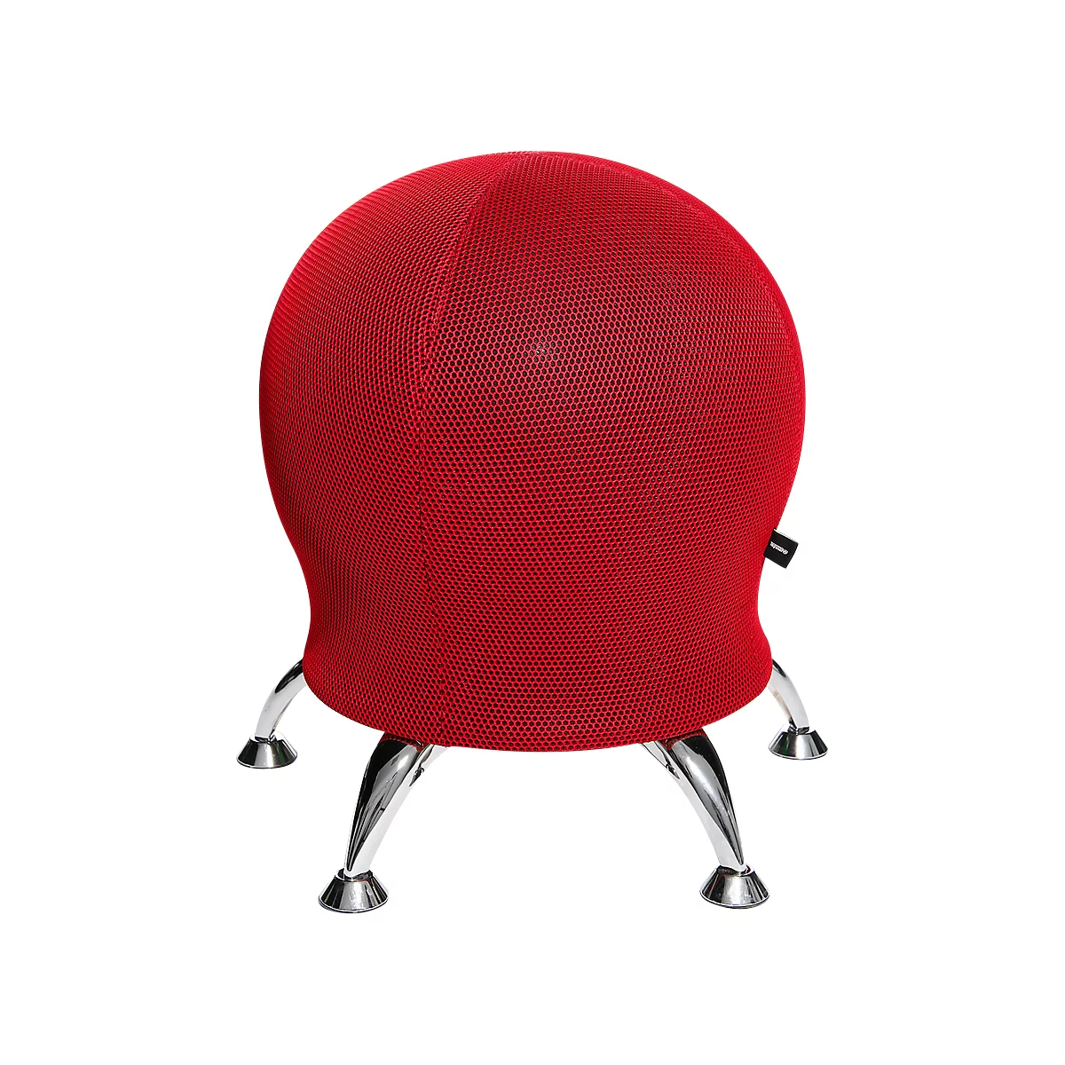 A red, ball-shaped office chair with chrome legs. The seat cover is made of woven fabric.
