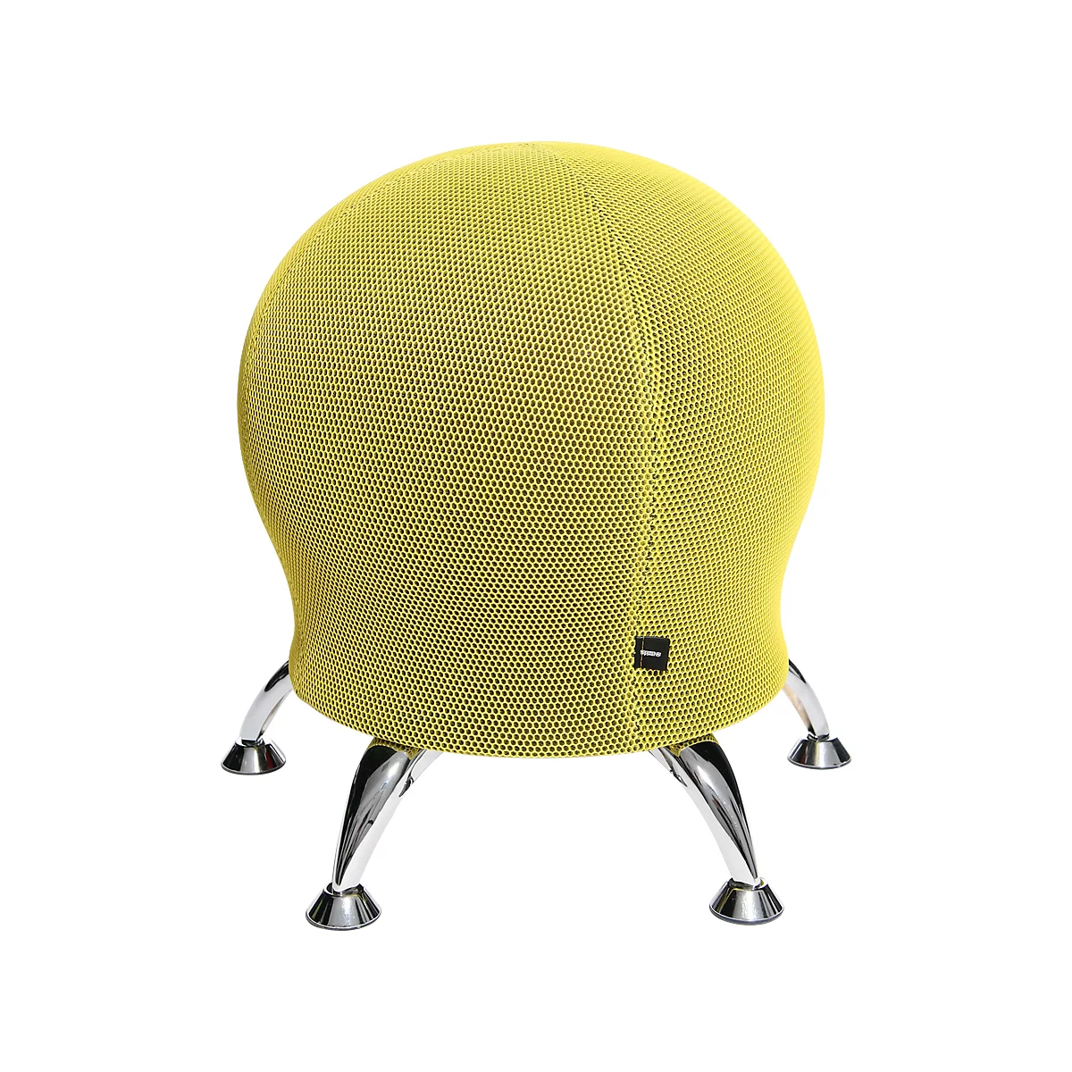 Yellow, ball-shaped stool with chrome legs.