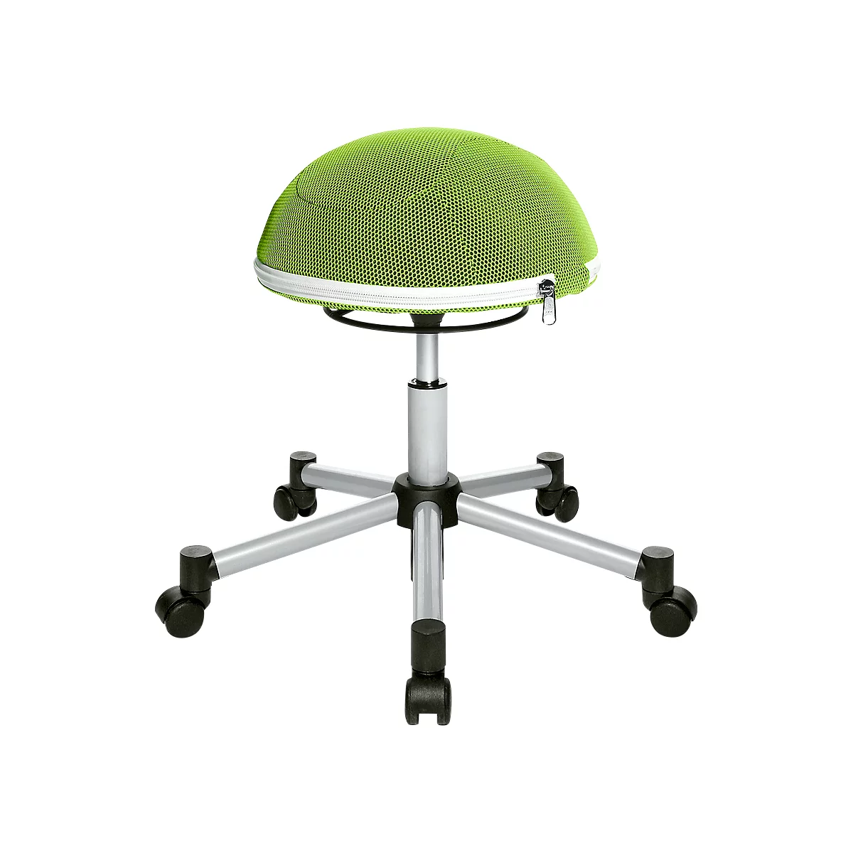 A green office chair with a hemispherical seat, zipper, and wheels.