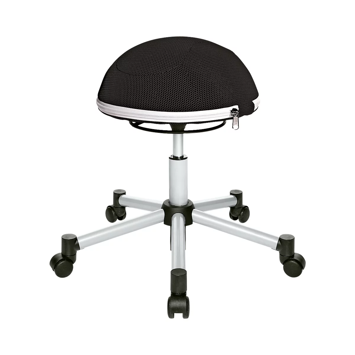 Round, black office chair, ball shape, white zipper seam, adjustable height, silver base, 5 castors.