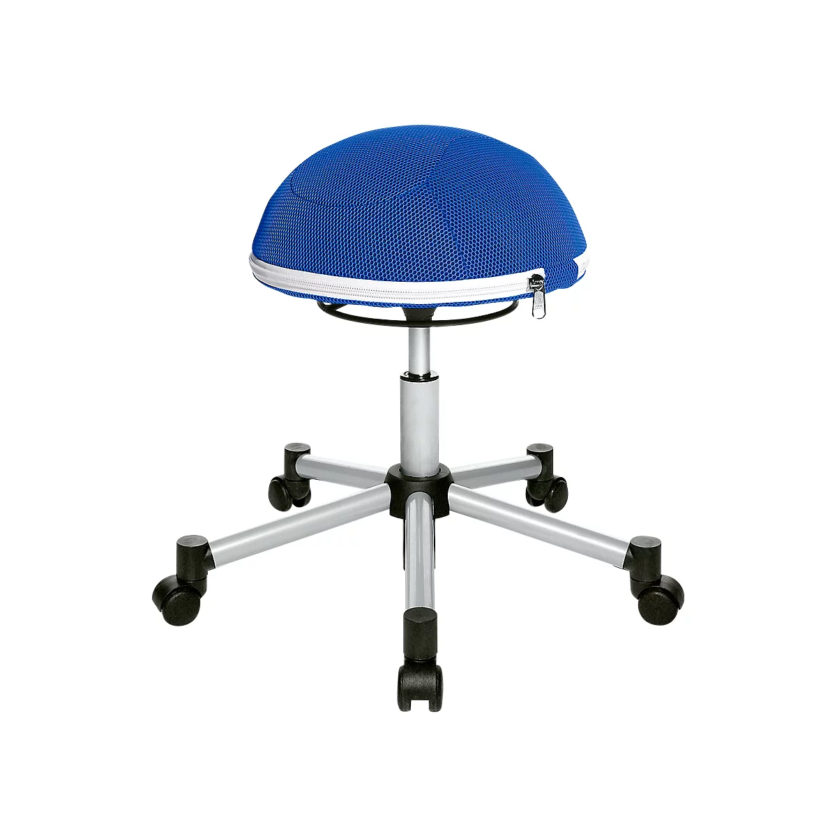 Blue fabric covered stool. The seat is hemispherical, with a zipper. Silver legs and castors.