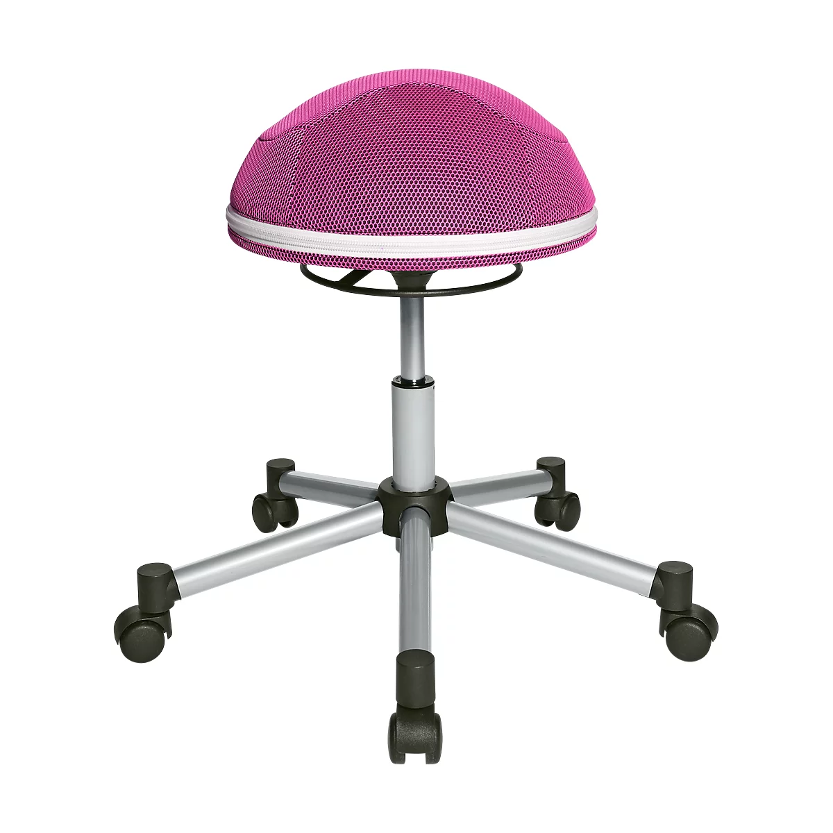 Pink office chair with fabric cover, white trim, and silver frame with wheels.