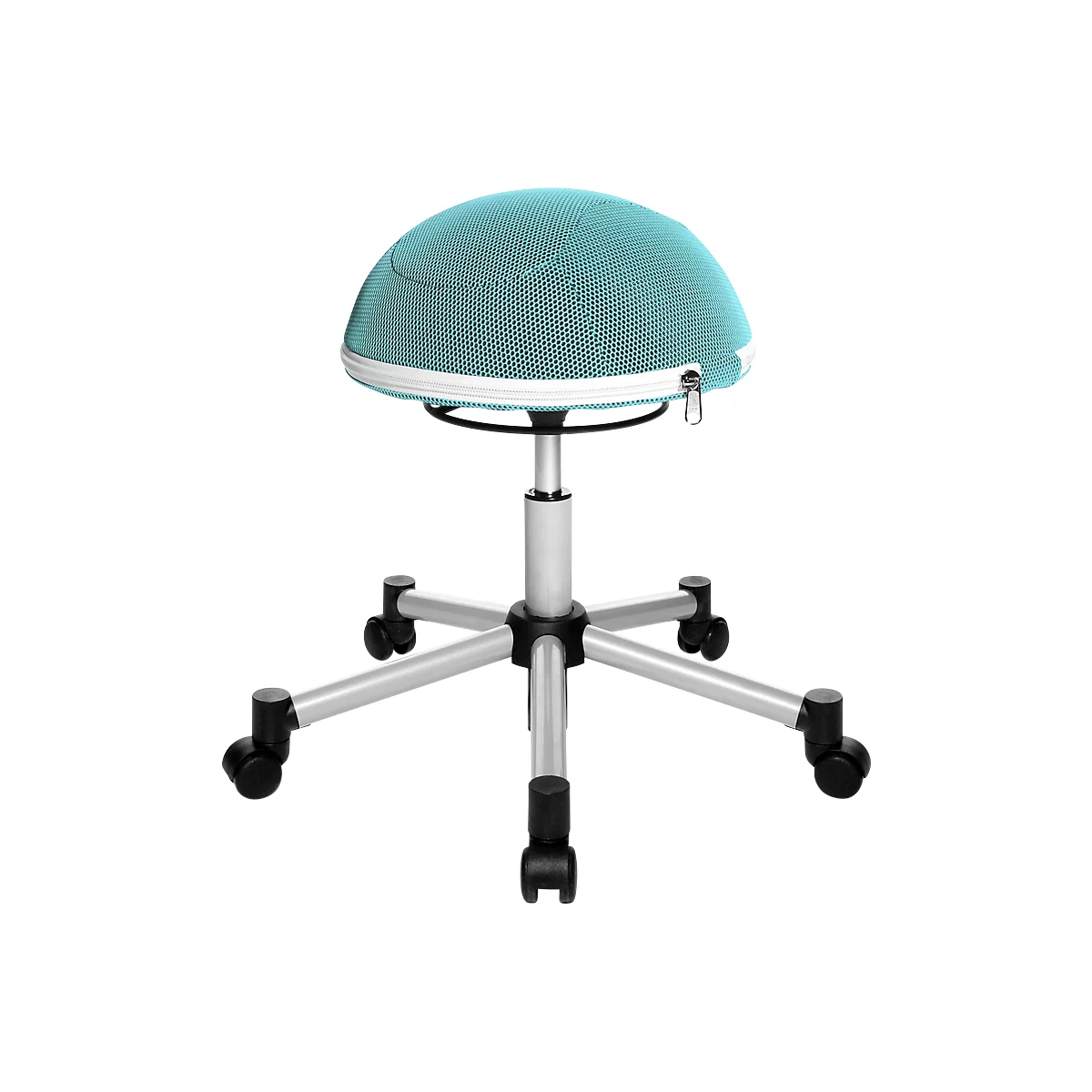 Teal ball chair with silver frame, zipper. Wheels and height adjustable.