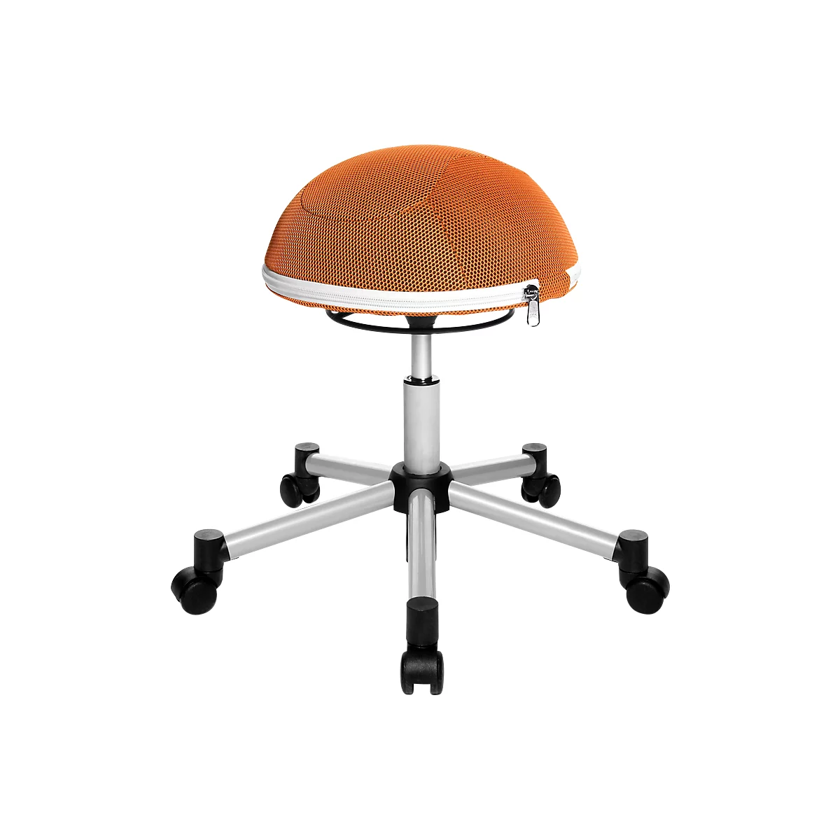 An orange office stool, hemispherical with zipper. On castors, silver frame.