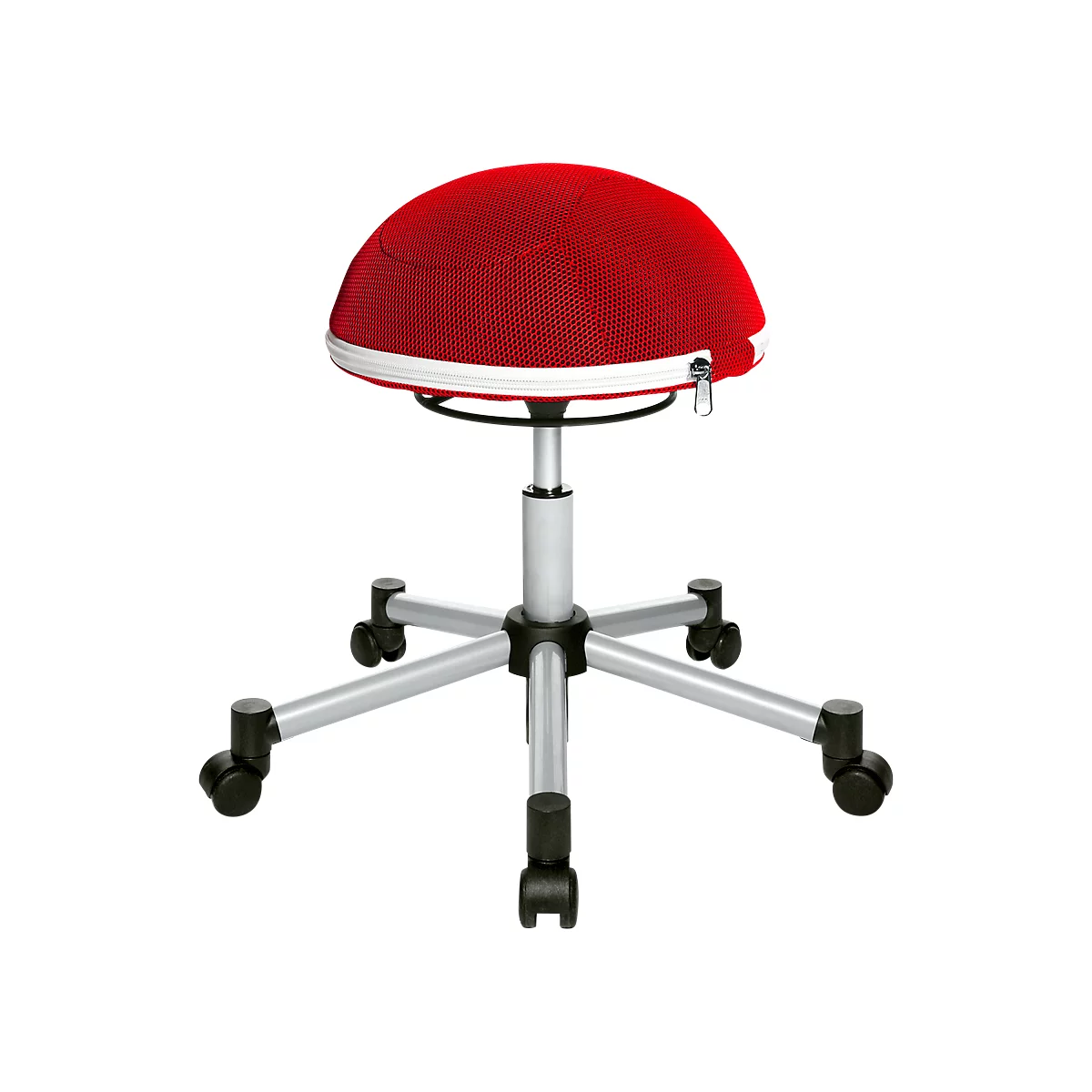 Red exercise chair with zipper. On silver frame with wheels.