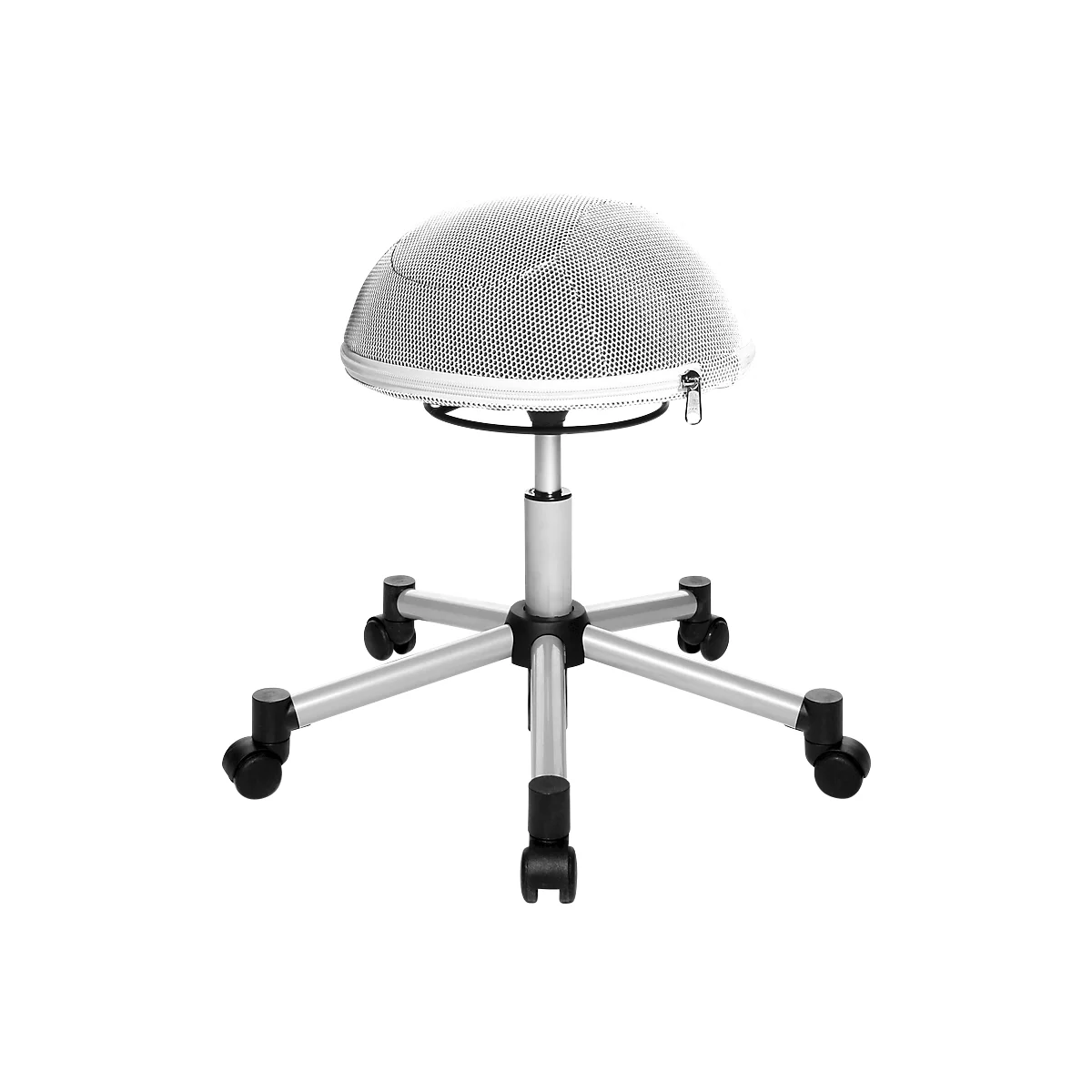 White office chair with a ball-shaped seat on castors.