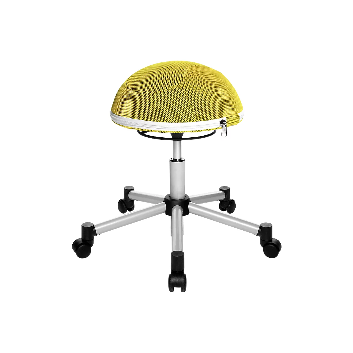 Yellow, hemispherical office chair with zipper, wheels and adjustable height.