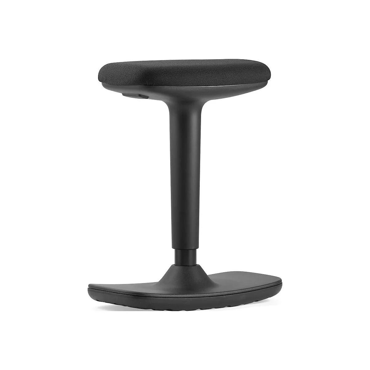 Black standing stool against a neutral background, seat and footrest are slightly rounded.
