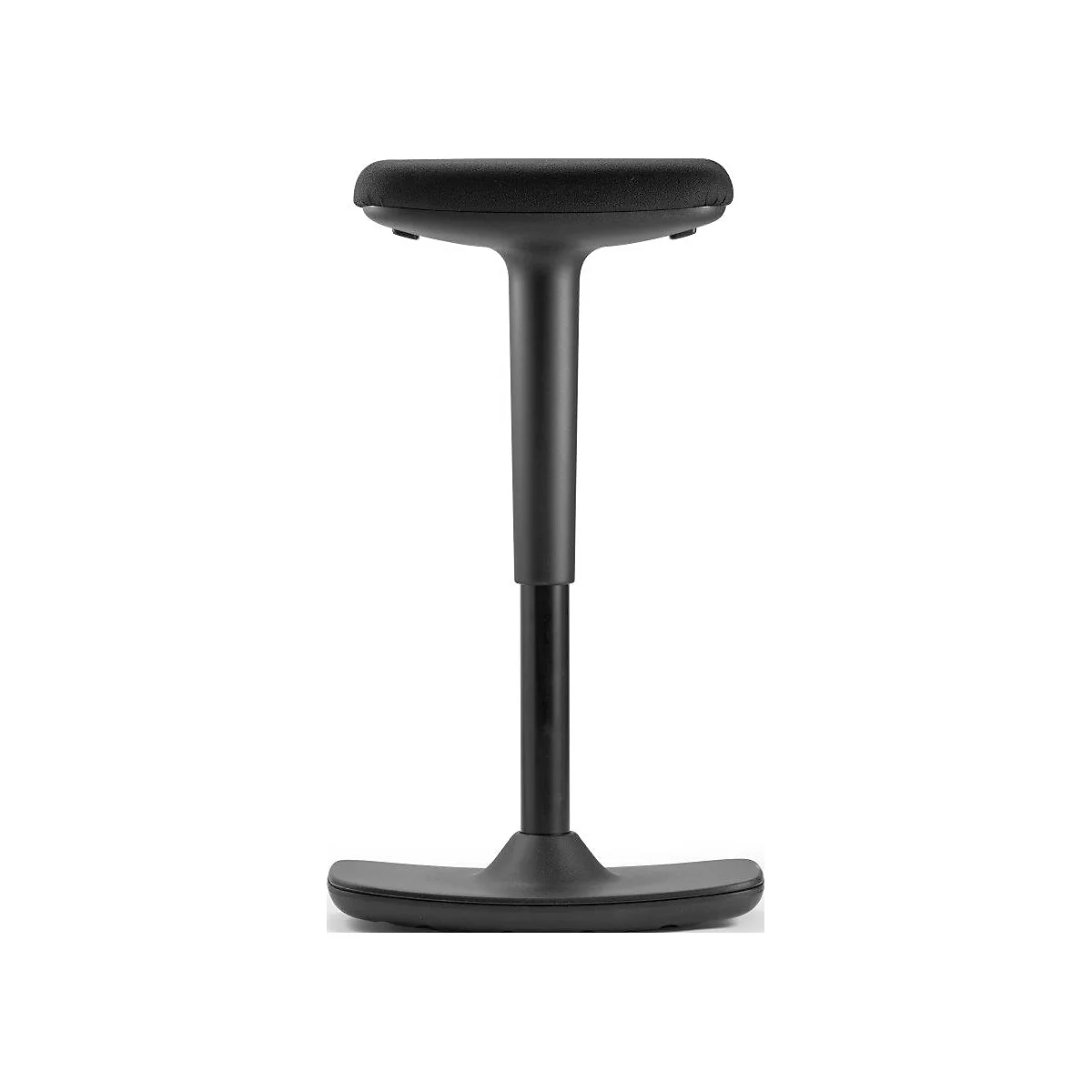 Black adjustable height stool on a white background. Round seat, pole, and crescent-shaped base.