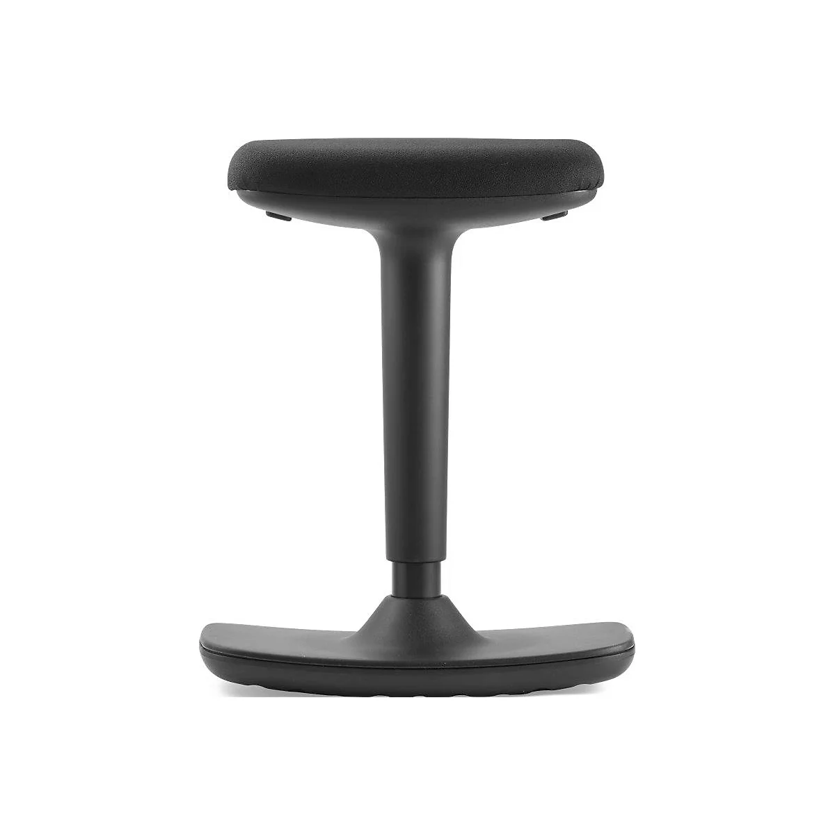 Black stool with a round, padded seat and a slender central support post. The base has an arched base.