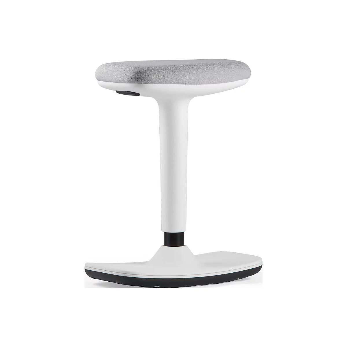 White standing stool. Oval gray seat, white leg, black round footrest.