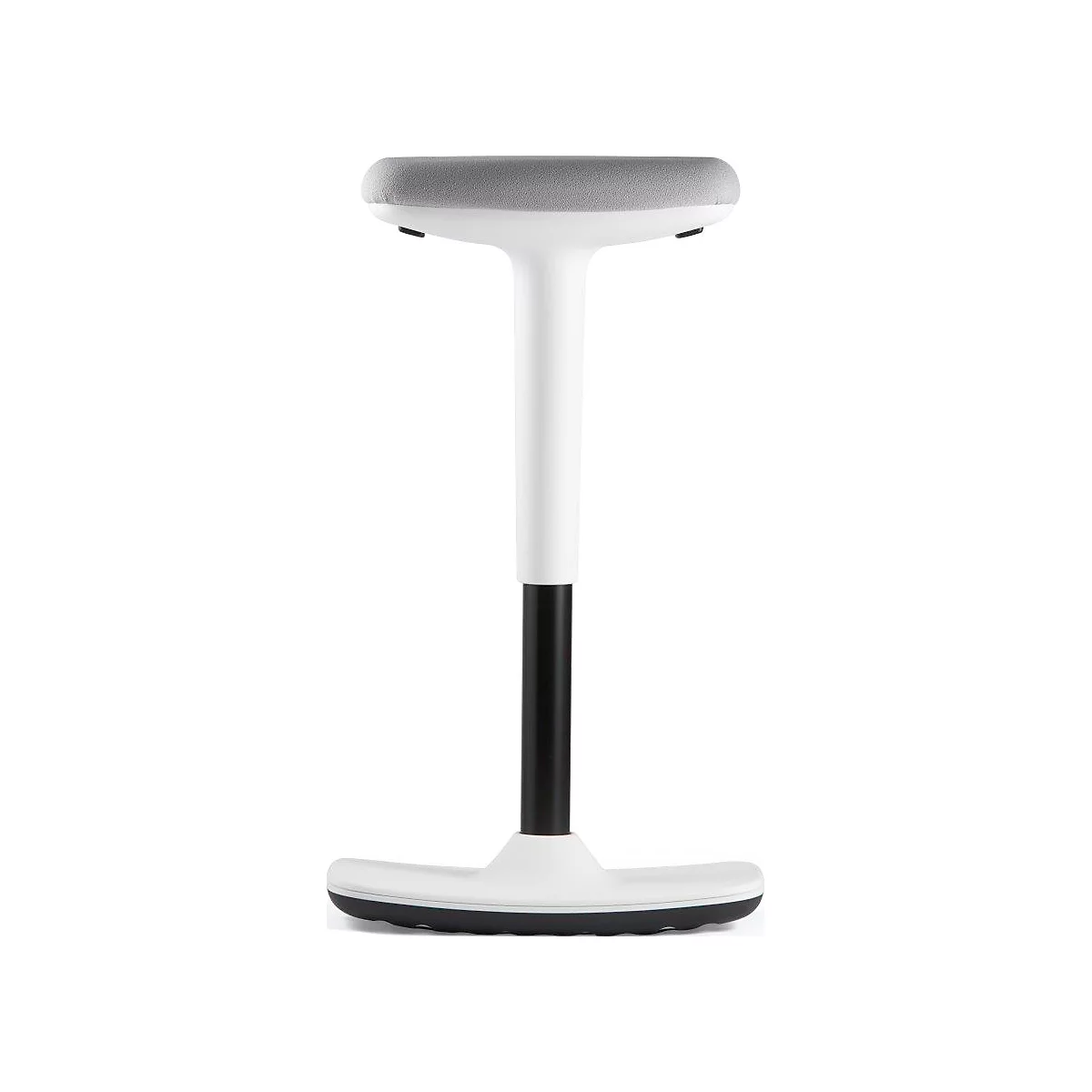 White and black standing stool, gray seat, minimalist design.