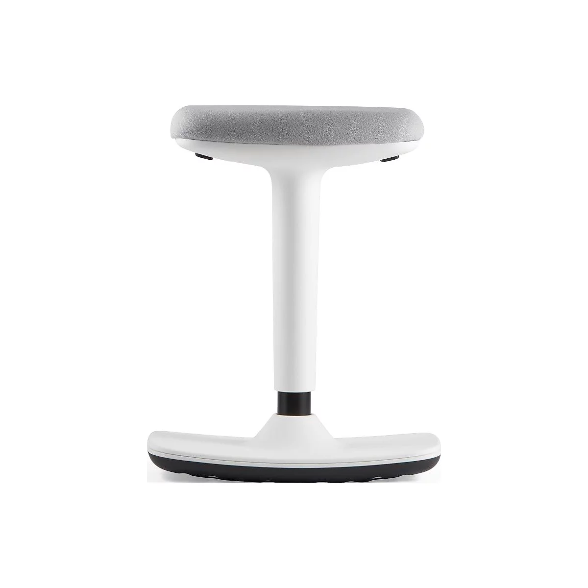 White standing stool with gray seat, black foot edge and base.