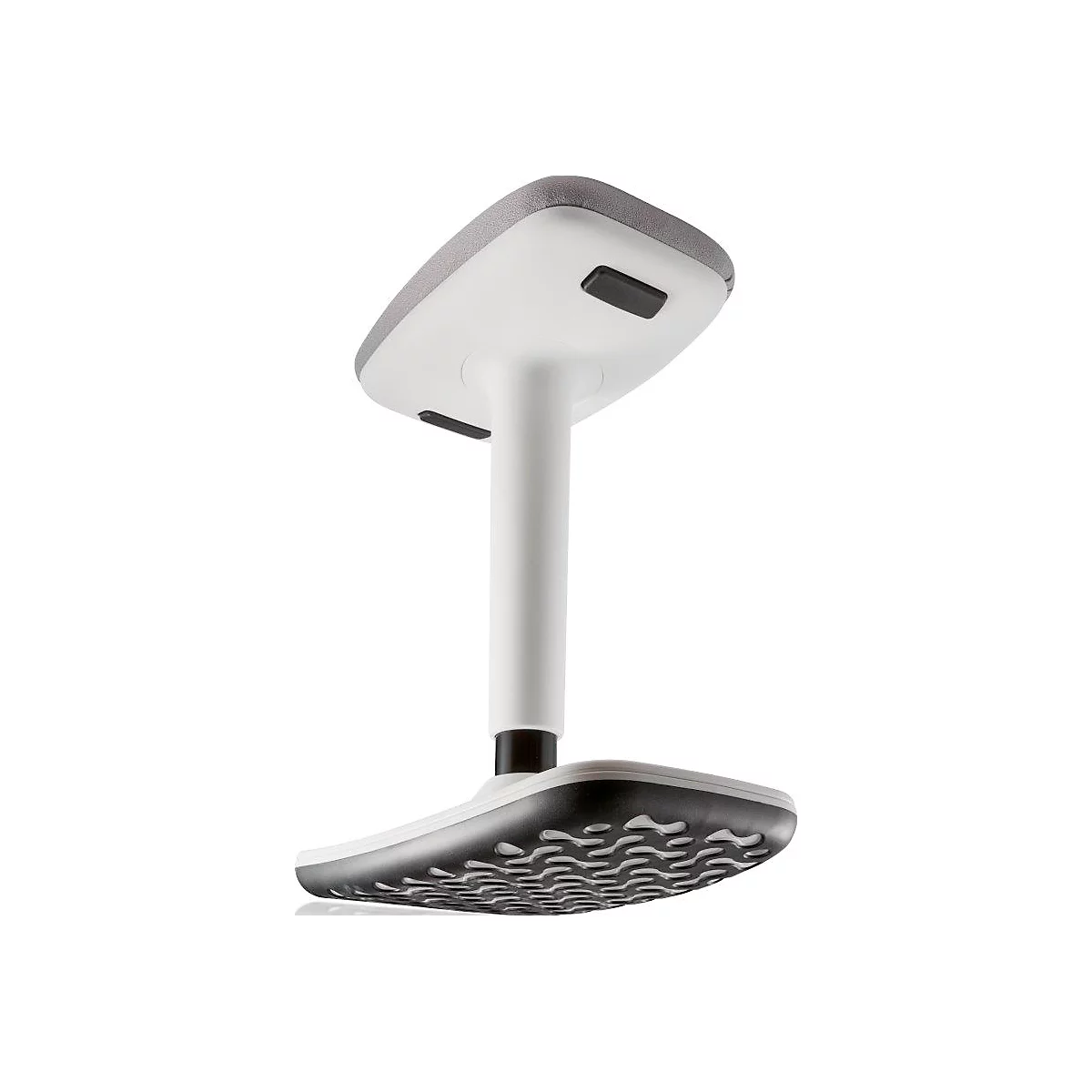 A white, freestanding product with rectangular top and bottom. Gray edge and black details.