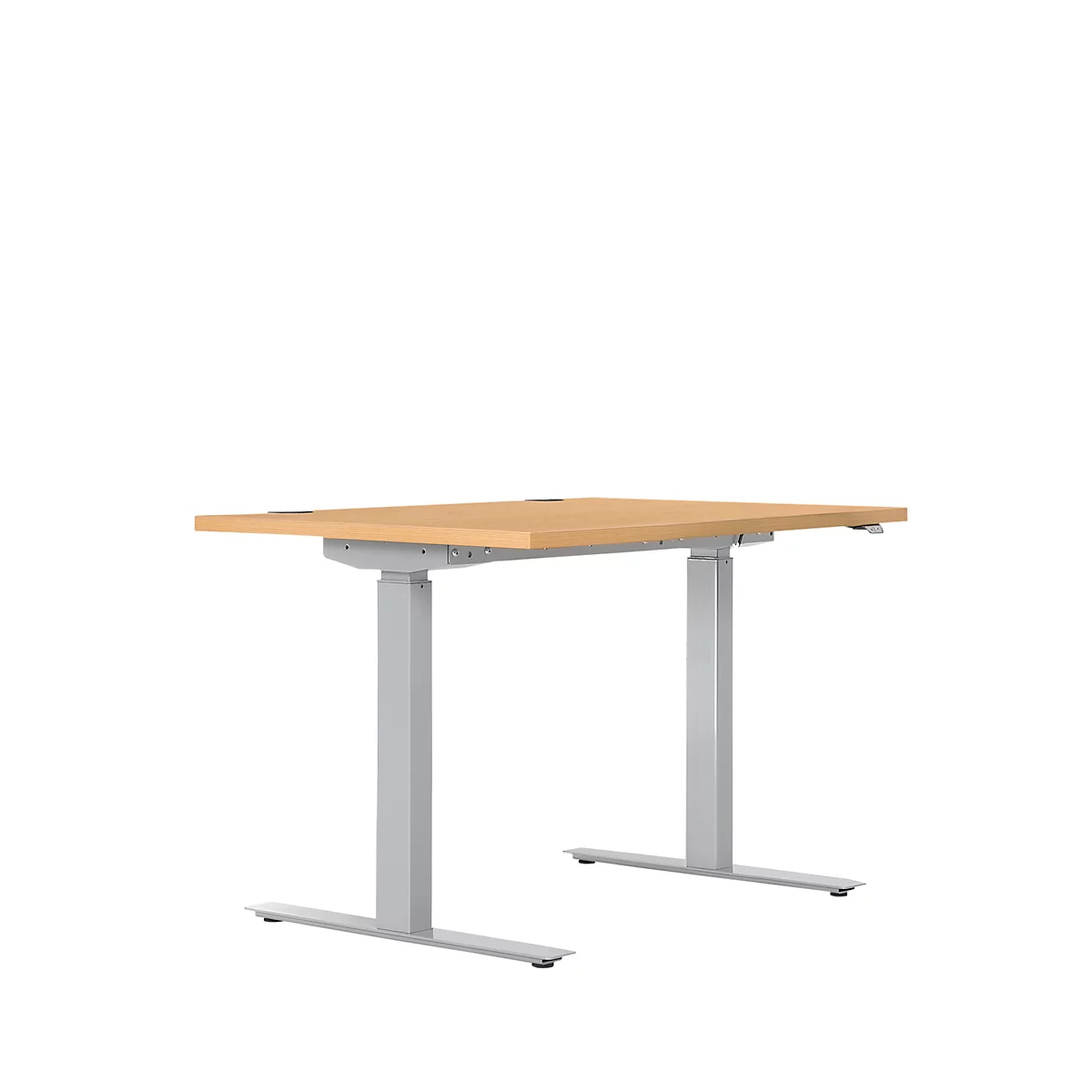 An adjustable height desk with a light brown tabletop and silver legs, against a white background.