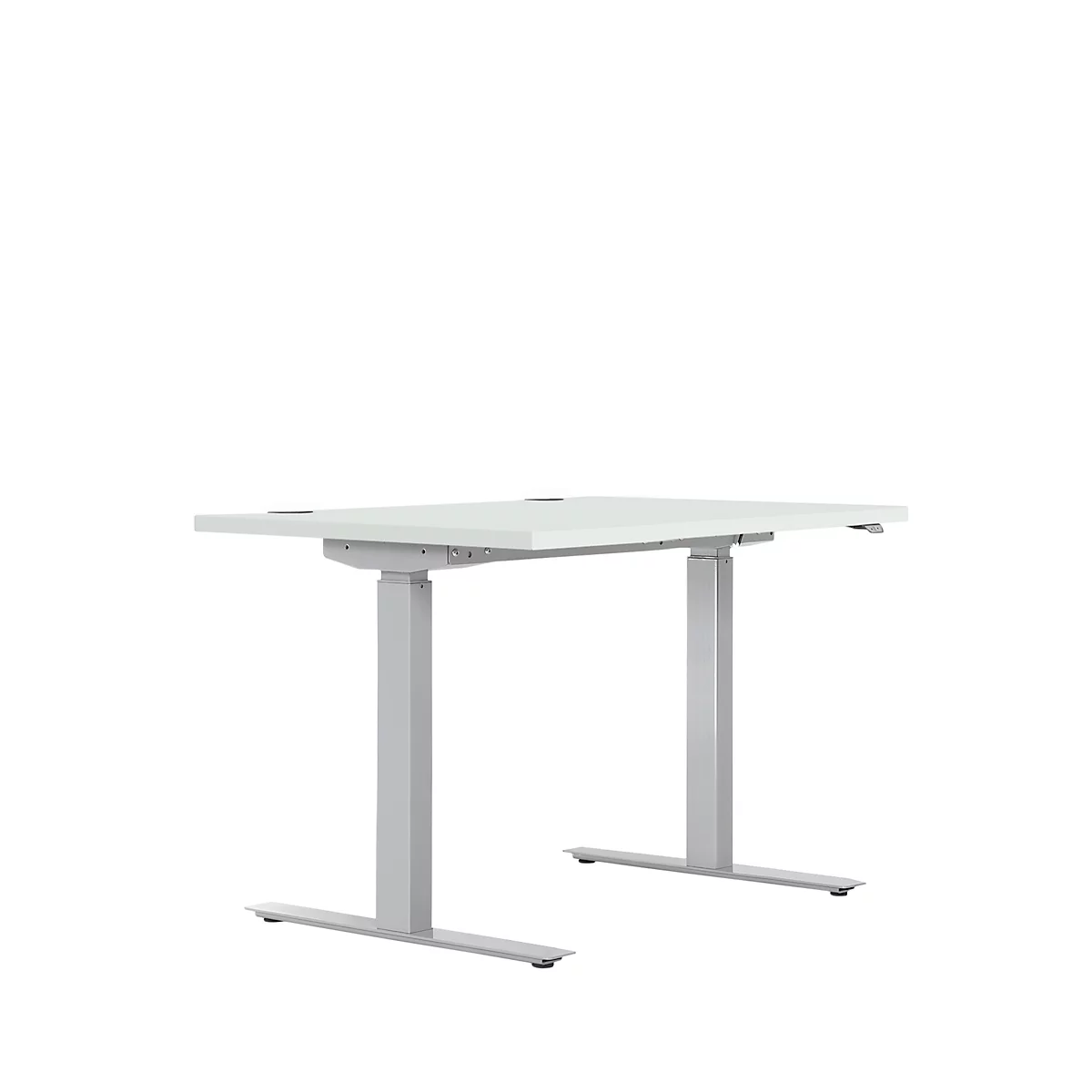 Desk with white tabletop and gray frame, against a white background.