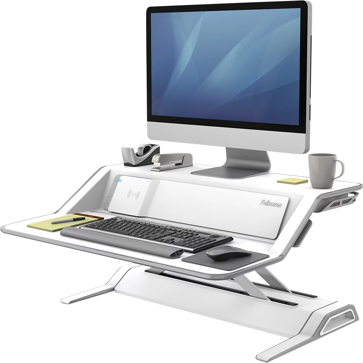 Sitz-Steh Workstation Fellowes Lotus™ DX, Monitorplattform & Tastaturablage, Ladestation & 2 x USB, höhenverstellbar, Microban®-Beschichtung, weiß