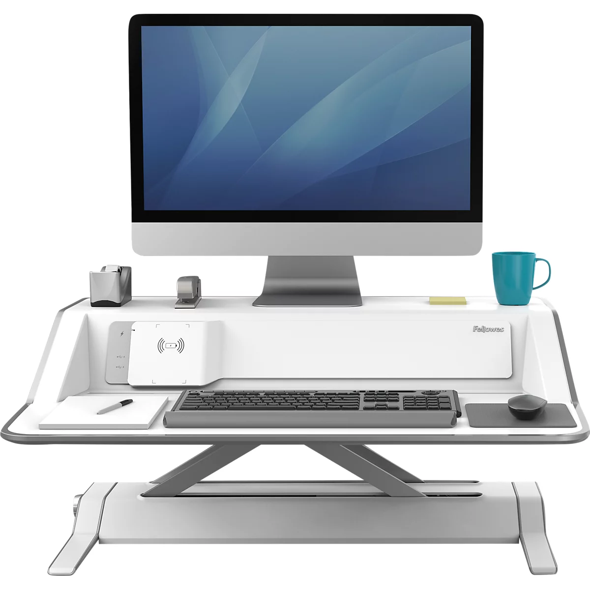 Sitz-Steh Workstation Fellowes Lotus™ DX, Monitorplattform & Tastaturablage, Ladestation & 2 x USB, höhenverstellbar, Microban®-Beschichtung, weiß