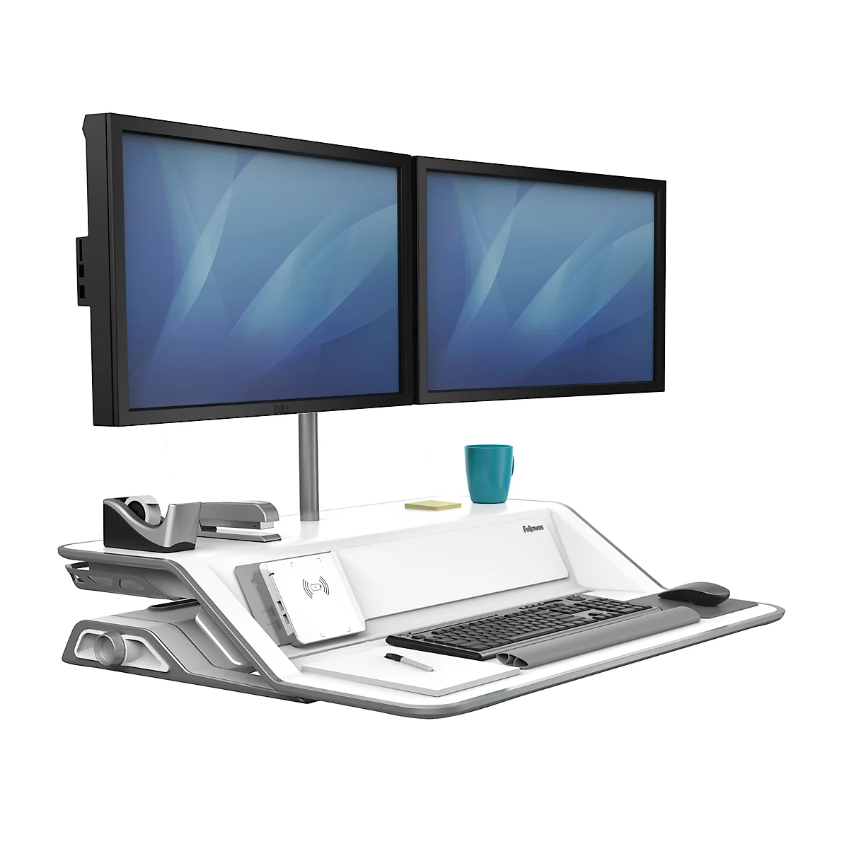 Sitz-Steh Workstation Fellowes Lotus™ DX, Monitorplattform & Tastaturablage, Ladestation & 2 x USB, höhenverstellbar, Microban®-Beschichtung, weiß
