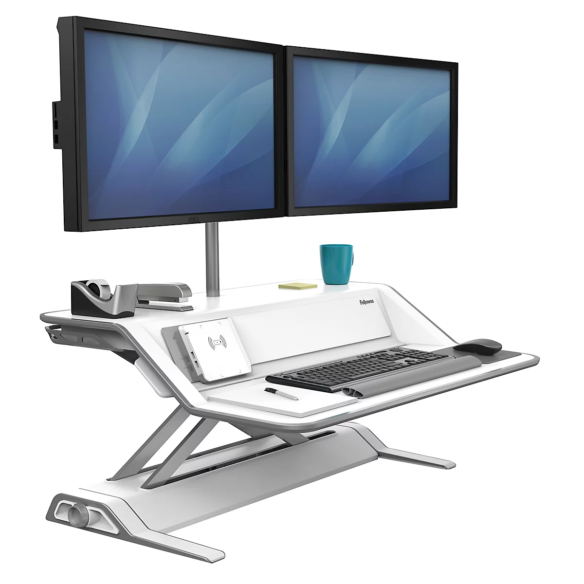 Sitz-Steh Workstation Fellowes Lotus™ DX, Monitorplattform & Tastaturablage, Ladestation & 2 x USB, höhenverstellbar, Microban®-Beschichtung, weiß